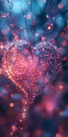 Glowing heart shape formed by sparkles and light trails against dreamy blue and pink bokeh background, creating magical romantic atmosphere for Valentine's Day designs.