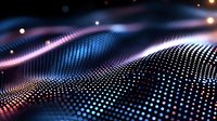 Abstract digital wave made of glowing particles with blue and pink neon lights creating futuristic data visualization for technology backgrounds.