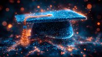 Glowing graduation cap with magical particles and bokeh lights floating in dark space, creating ethereal atmosphere for academic achievement celebration.