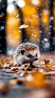 Adorable hedgehog in autumn forest with falling snowflakes and golden leaves creating magical winter wildlife scene for seasonal nature photography.
