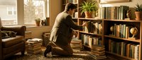 Young man organizing books on wooden shelves in cozy home library with warm sunlight streaming through windows creating peaceful reading atmosphere.