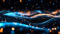 Abstract glowing blue waves with orange bokeh lights and sparkles on dark background, flowing energy lines creating dynamic motion effect.