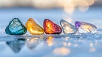 Colorful healing crystals on reflective surface with bokeh lights and water drops. Natural gemstones in turquoise, amber, red, clear and purple creating magical atmosphere.