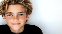 Young male model with wavy blonde hair wearing black top smiles warmly against white background. Close up portrait showing natural expression and blue eyes.