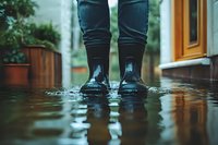 Person wearing black rubber rain boots standing in flood water on residential street, with ripples reflecting in dark puddle during rainy weather conditions.