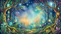 Enchanted forest with glowing trees and magical light, mystical woodland scene with luminous foliage and starry sky for fantasy art, game design, and children's book illustrations.