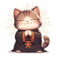 Kawaii cat character in traditional Asian martial arts uniform with closed eyes and happy expression, standing in respectful bow pose against light background.