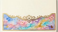 Ornate golden frame with colorful watercolor splash background featuring pink blue purple hues and decorative stars for artistic design projects.