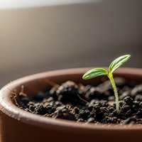 Young green seedling sprouting from dark soil in terracotta pot with warm sunlight creating growth and new life concept for gardening and agriculture projects.