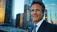 Confident mature Caucasian businessman in dark suit smiling against urban cityscape background with modern glass buildings and evening lights.