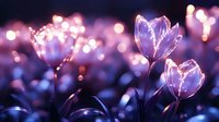 Glowing purple tulips in magical evening garden with soft bokeh lights creating dreamy atmosphere. Ethereal spring flowers against dark background.