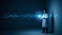 Male scientist in white lab coat analyzing glowing blue digital network connections and data streams in futuristic laboratory environment for research.