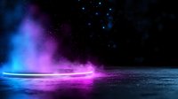 Mystical glowing horizon with blue and pink aurora lights reflecting on dark water surface against starry night sky, creating ethereal atmospheric scene.