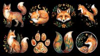 Cute fox clipart set with floral elements, paw print, and decorative designs, isolated on transparent background, ready for stickers, t-shirt design, and print on demand.