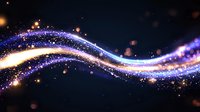 Magical glowing wave with sparkling purple and gold light trail effect against dark background, cosmic energy flow with bokeh and stardust elements.