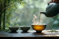 Asian tea ceremony setup with steaming kettle pouring hot water into golden tea bowl, two empty cups on wooden table surrounded by fresh green bamboo leaves and blurred garden background.