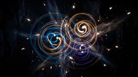 Abstract cosmic energy spirals with glowing blue and orange light trails creating dynamic swirling patterns against dark space background with sparkling stars.