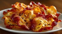 Crispy bacon strips with golden edges and rich marbling on white plate. Breakfast meat with smoky flavor and crunchy texture for morning meals and cooking.
