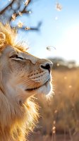 Majestic lioness profile in golden sunlight with backlit fur and floating dandelion seeds against blue sky, creating dreamy atmospheric nature scene in African savanna.