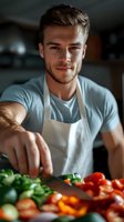 Young Caucasian male chef in white apron and t-shirt chopping fresh vegetables in dark kitchen. Close-up portrait with natural lighting captures cooking process.