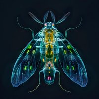 Translucent insect with bioluminescent features glowing in vibrant blue, green, and yellow against dark background, revealing intricate wing structure and anatomy.