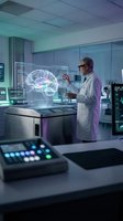 Senior male scientist examining holographic brain model in futuristic medical laboratory with advanced technology and digital interfaces.