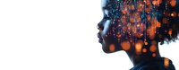 Young African American woman silhouette with glowing orange bokeh lights and digital particle effects creating dreamy double exposure portrait.