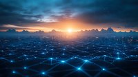 Futuristic digital network landscape with glowing blue connection points against dramatic sunset sky and mountain silhouettes. Abstract technology concept background.