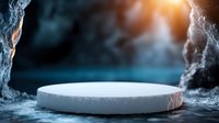 White round product display platform surrounded by dramatic rocky cave walls with mystical orange sunlight streaming through, creating atmospheric scene for luxury presentation.