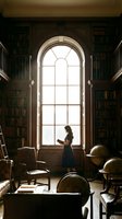 Woman in dark dress reading book by tall arched window in vintage library surrounded by bookshelves, globes, and antique furniture, suitable for education and literature concepts.