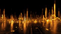 Abstract golden light bars rising from grid surface against black background, creating futuristic digital landscape for technology and data visualization concepts.