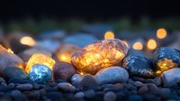 Glowing illuminated stones with warm golden light creating magical ambiance on pebble surface with bokeh background for meditation and wellness concepts.