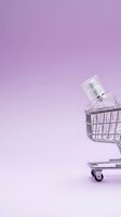 Cosmetic skincare product in shopping cart against lavender background, representing beauty retail, online shopping, and consumer purchasing for wellness and personal care.