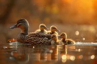 Female mallard duck swimming with ducklings in golden sunset light on calm water, creating magical bokeh effect and warm atmosphere for nature photography.