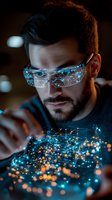 Young bearded man wearing futuristic augmented reality glasses interacts with holographic network visualization displaying glowing blue connections.