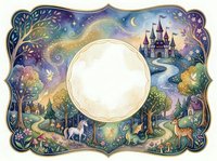 Watercolor fairy tale frame with castle, unicorn, deer, and enchanted forest, featuring a blank circle for custom text or photo.