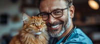 Smiling mature veterinarian in glasses and blue scrubs holding friendly ginger Maine Coon cat during medical examination at veterinary clinic. Pet healthcare concept.