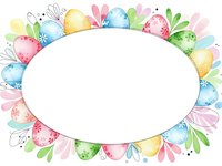 Watercolor Easter eggs frame with pastel colors and floral elements, oval border design for spring holiday greeting cards and seasonal decorations.