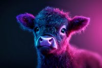 Young black calf portrait in neon blue and pink lighting against dark background, mystical glowing effect with sparkles creates surreal artistic atmosphere.