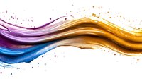 Vibrant flowing waves in purple, gold and blue colors with dynamic splashes and droplets on white background, isolated design element for creative projects.