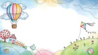 Whimsical children landscape with hot air balloon, kite and house on rolling hills. Colorful hand-drawn style frame for kids design projects and nursery decor.