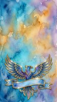 Watercolor eagle with golden wings and banner on soft pastel background, suitable for emblems, logos, and artistic designs.