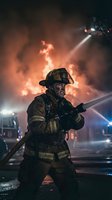 Firefighter in protective gear battling intense blaze with water hose during nighttime emergency response operation with dramatic flames and smoke.