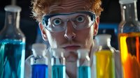 Focused young Caucasian male scientist wearing safety goggles peers through colorful chemical flasks in a laboratory setting.