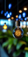 Glowing light bulb with house icon illuminated inside, hanging against blurred bokeh background of blue and yellow lights, creating cozy atmosphere.