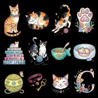 Cute cats collection with sitting tabby, calico kitten, playful striped cat, paw print, reading cat on books, black and white cats playing with yarn ball, fish-shaped bowl, cat in water dish, yarn ball with flowers, cat toys, smiling cat face, and decorative letter C with floral elements. Isolated on transparent background, ready for t-shirt design, stickers, clipart, print-on-demand products and sublimation.