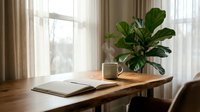 Open book on wooden desk beside potted green plant near bright window with sheer curtains, suitable for education, reading, and workspace design projects.