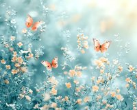 Dreamy spring garden scene with coral butterflies flying among delicate white wildflowers against turquoise blue background, creating ethereal natural atmosphere.