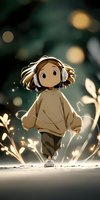 Cartoon girl with headphones walking through magical light path, surrounded by bokeh effects and glowing plant silhouettes against dark background.