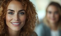 Young Caucasian woman with curly red hair and bright smile looking at camera, natural makeup and confident expression, with blurred female figure in background.